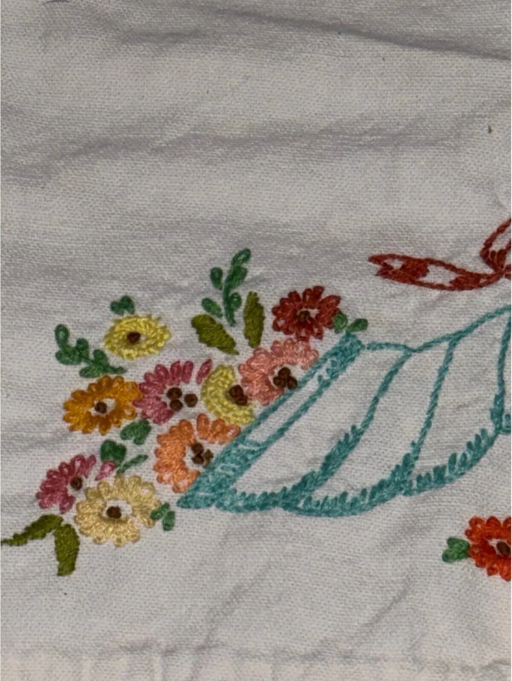 Vintage Hand Embroidered Floral Table Runner Lace 28” D71